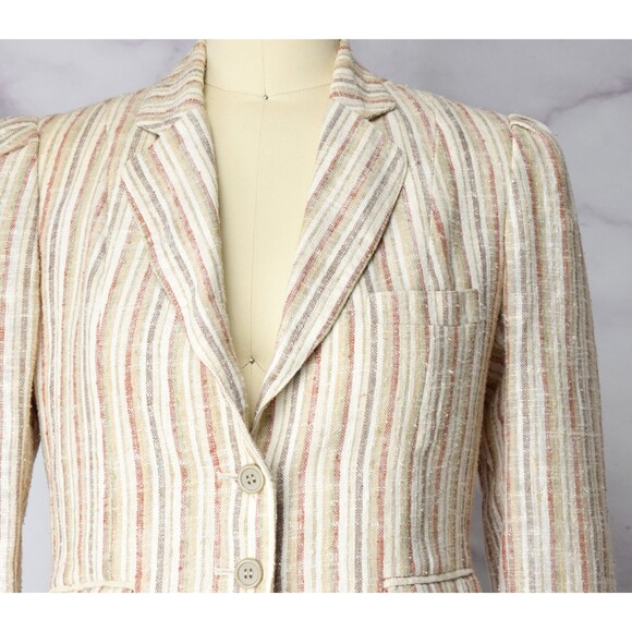 1970s Linen Blend Blazer Size Small Minimalist Striped Jacket Neutral - Picture 7 of 9